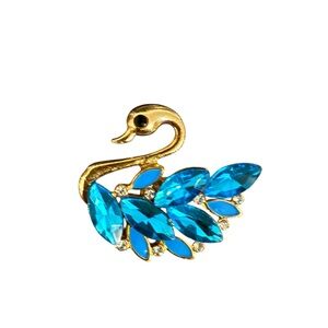 Mint Blue Gems in Gold Tone Swan Brooch